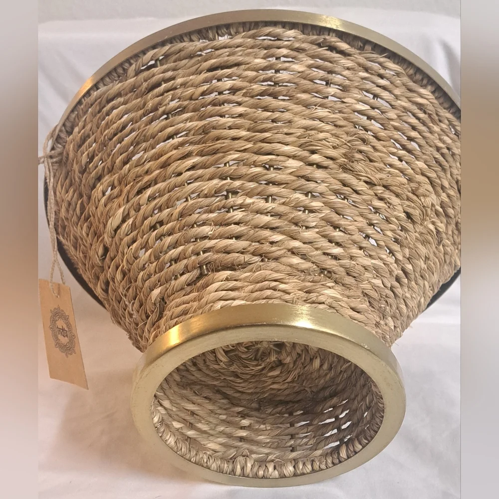 Handwoven Seagrass Basket Bowl Gold Trim Planter Boho Decor India 10in